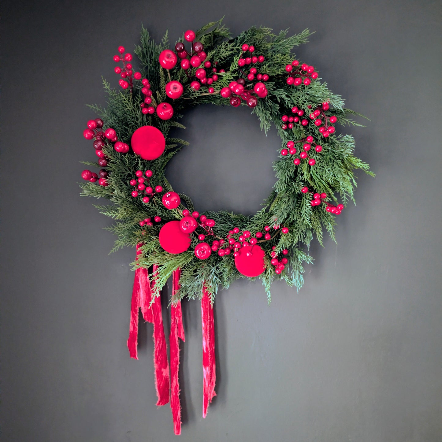 Red baubles Christmas wreath artificial greenery