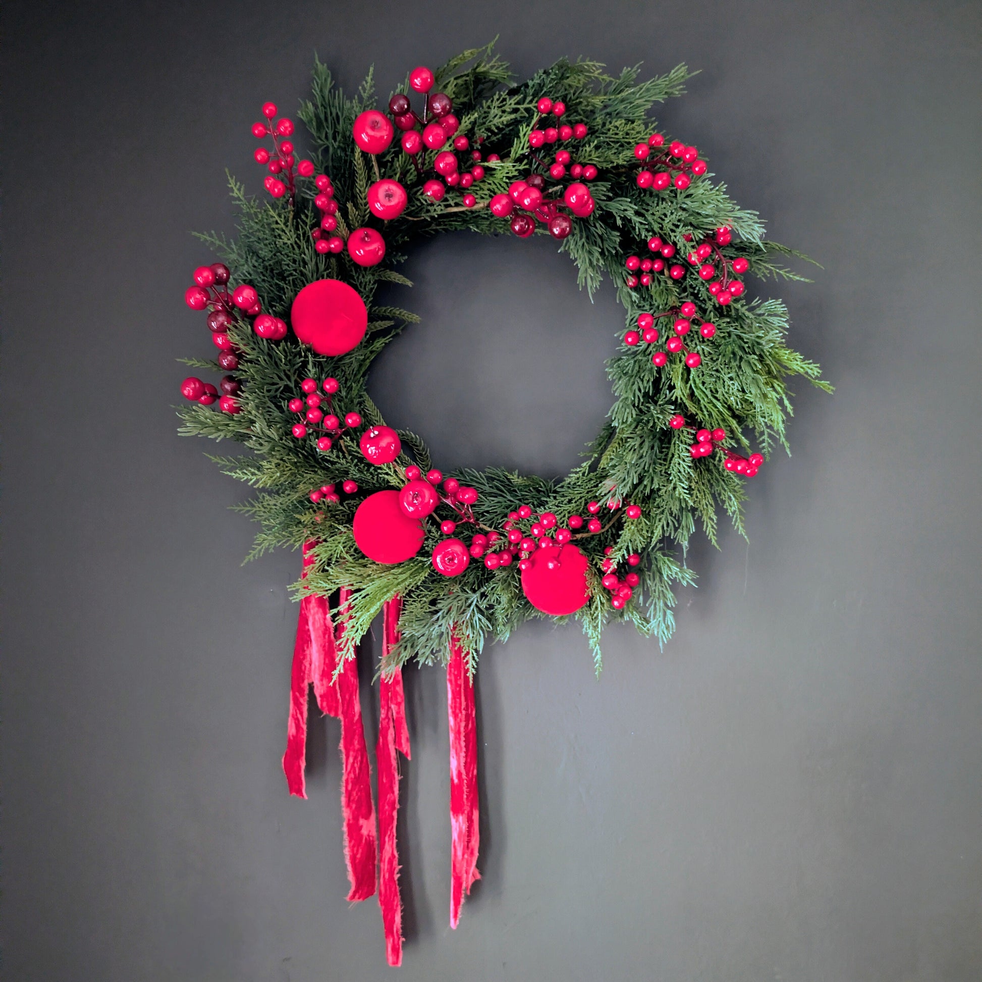 Red baubles Christmas wreath artificial greenery