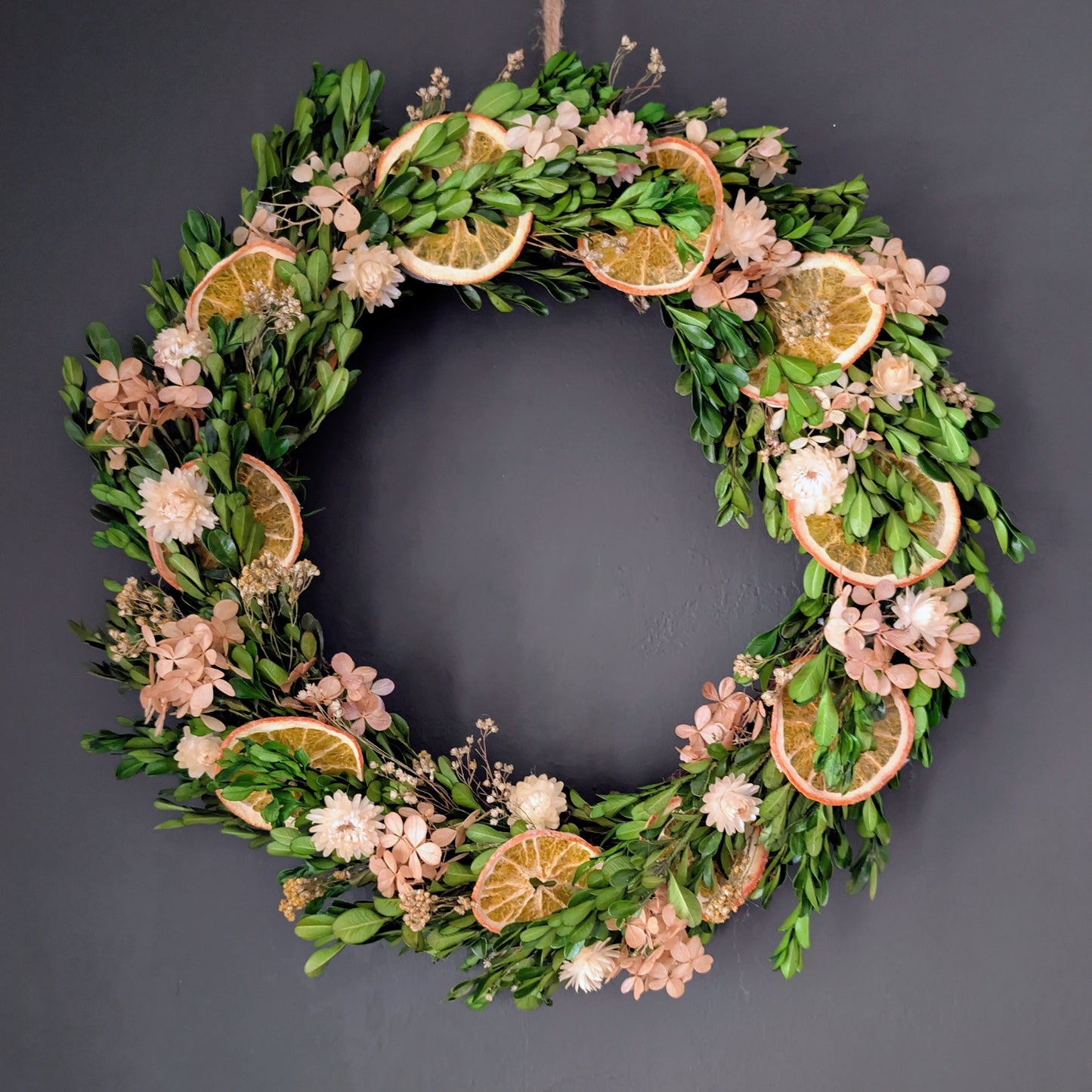 Preserved hydrangea and boxwood wreath 