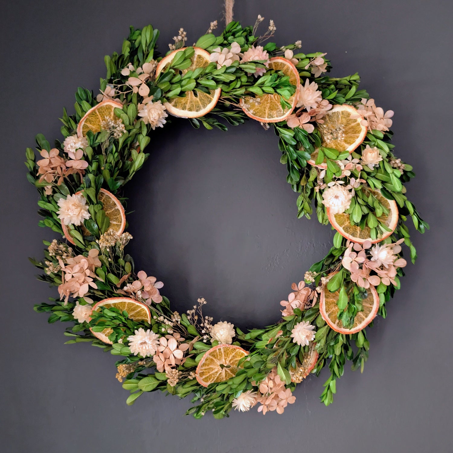 Preserved hydrangea and boxwood wreath 