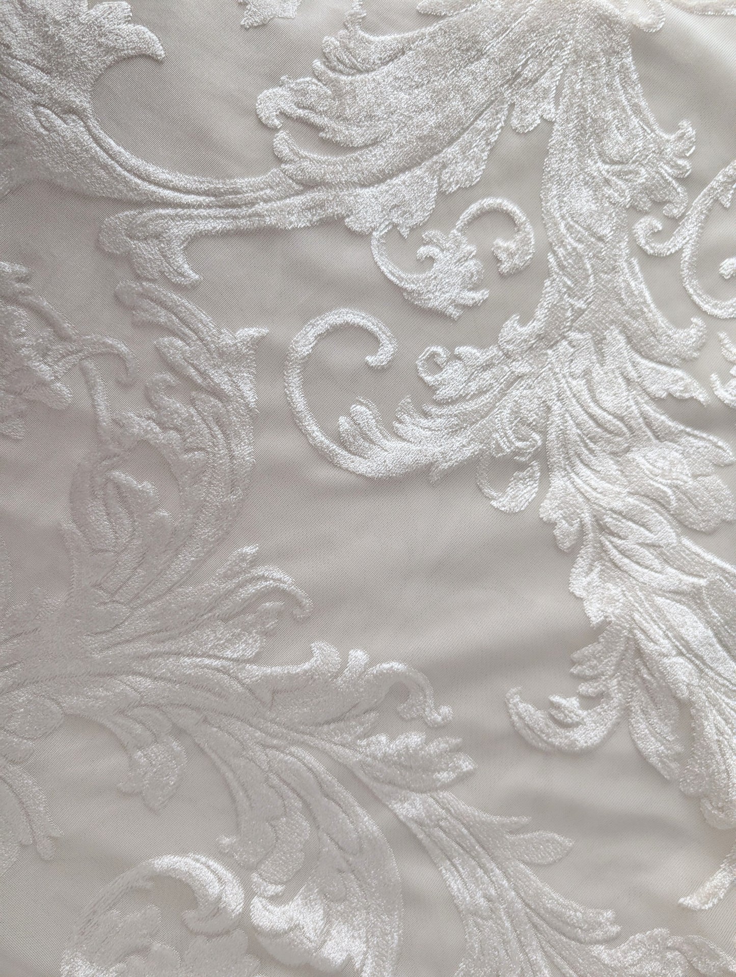 Close-up of textured white fabric with intricate patterns