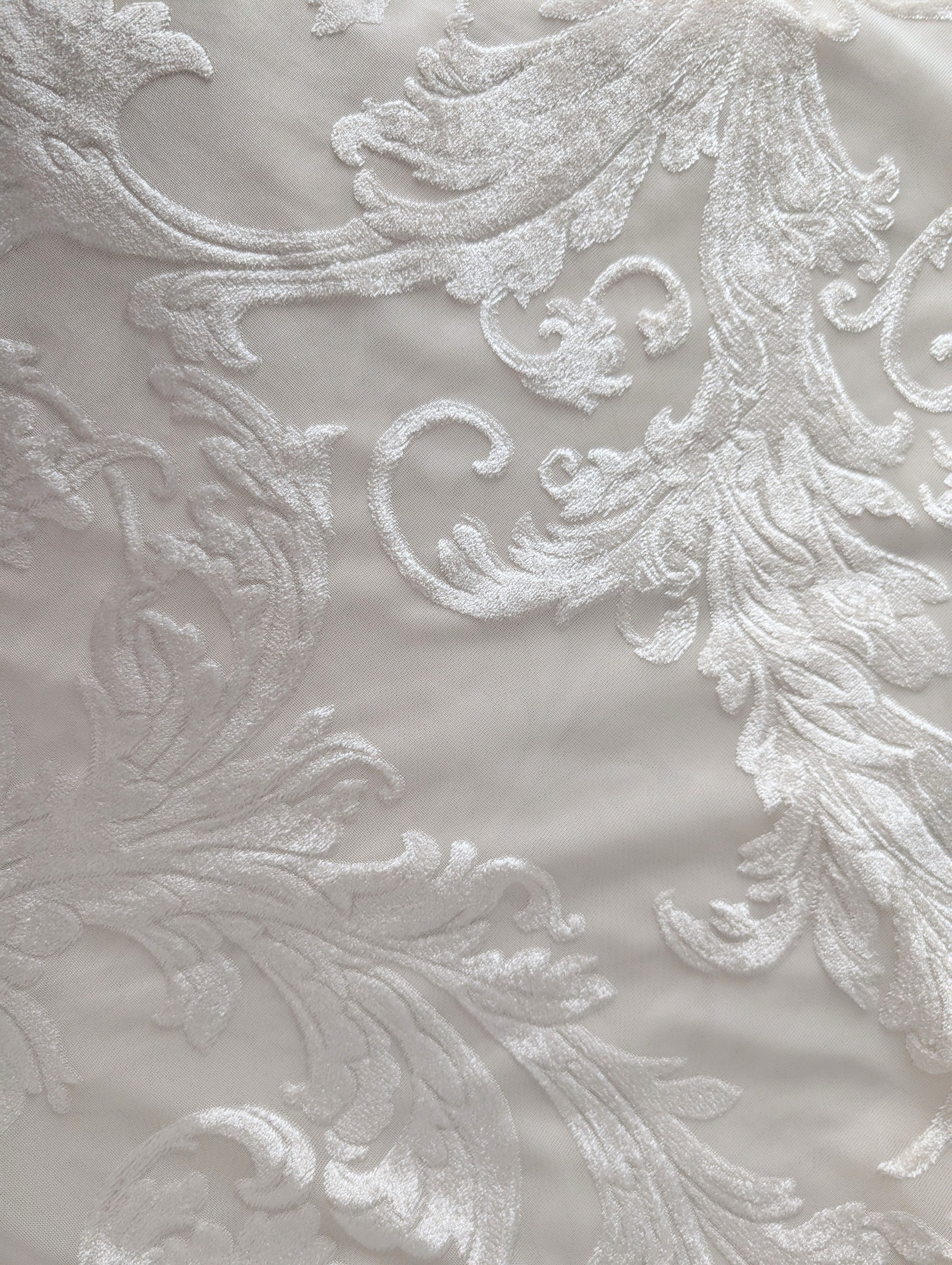 Close-up of textured white fabric with intricate patterns
